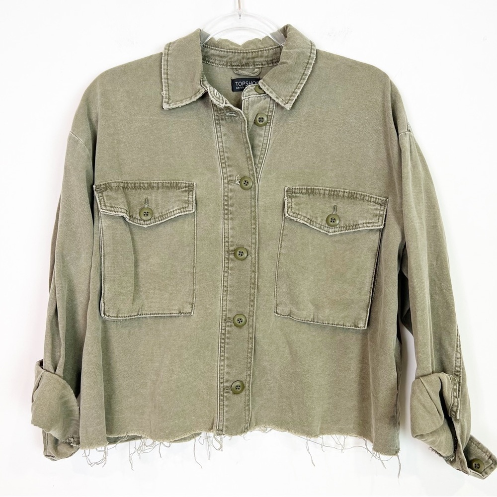 TOPSHOP OLIVE GREEN BUTTON FRONT UTILITY FRAY HEM JACKET WOMENS SZ 0/2